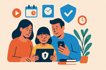 Flat Vector Illustration of Family Using Parental Controls and Screen Time Management for Safe Digital Use