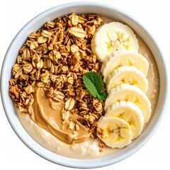 Overhead View of Nutritious Breakfast Bowl with Granola Sliced Bananas Peanut Butter and Fresh Mint