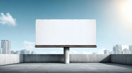 Large empty blank billboard on city rooftop with blue sky and sunlight in the background.