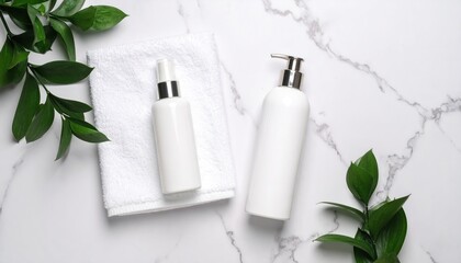 Overhead View of Skincare Products on Marble Surface with Green Leaves and White Towel
