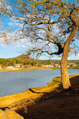 Sunrise between clouds and trees, with a clear blue sky, in front of a lake in the Jardim das Oliveiras neighborhood, Esmeraldas, Minas Gerais.