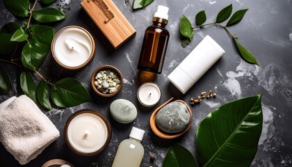 Overhead View Of Spa Essentials On Dark Stone Surface With Candles Green Leaves and Various Beauty Products