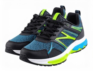 Pair Of Blue And Black Sport Shoes With Green And White Accents Isolated On White Background