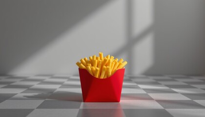 Red carton filled with crispy golden french fries standing on a black and white checkered surface