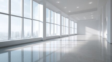 Fototapeta premium Bright modern empty interior space with large windows and natural light.