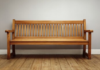 Minimal Wooden Church Bench with Vertical Backrest Strips, Slanted Legs, and Flat Seat against Gray Wall on Wooden Floor