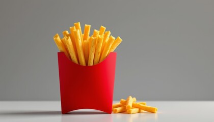 Crispy golden French fries in a bright red carton with a small pile of loose fries on a white surface against a clean