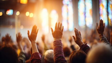 Diverse people raising hands during religious worship service inside church with stained glass windows.