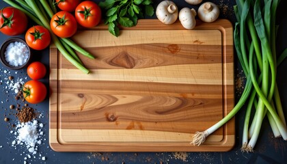 Wooden cutting board with fresh red tomatoes green onions white mushrooms and various spices