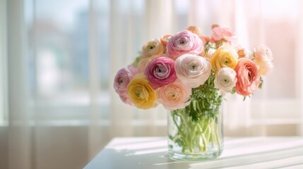 Beautiful pastel ranunculus flowers arrangement in clear glass vase on white table in soft indoor light.