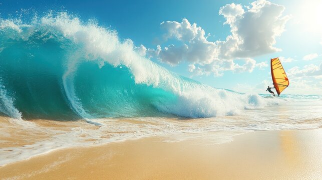 Surfer windsurfing over turquoise wave