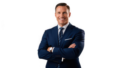 Portrait of a smiling man in a suit with arms crossed against a black background in studio shot