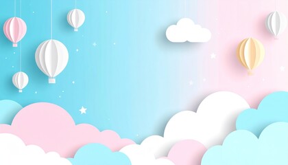 Paper Cut Out Style Illustration Of Hot Air Balloons And Clouds In Pastel Color Tones