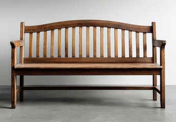 Minimal Wooden Church Bench with Vertical Backrest Strips, Slanted Legs, and Flat Seat against Gray Wall on Wooden Floor