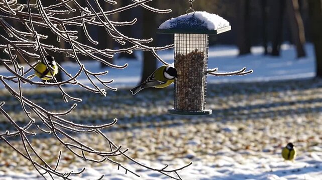hungry yellow tits flutter and peck at a hanging bird feeder on a sunny winter day in a park showcasing bird behavior and wildlife care during cold months great for seasonal nature or birding