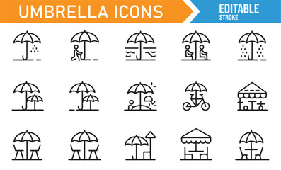 Weather-related icon set with umbrellas for sun and rain protection in digital design and marketing.