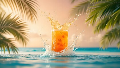 A vibrant orange drink splashes in a pool, tropical setting