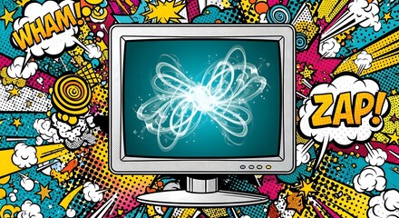 Vivid Pop Art Computer Monitor Displaying Abstract Energy Explosion