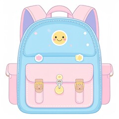Pastel Blue And Pink Backpack With Smiling Sun And Star Decorations Isolated On White Background