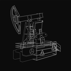 A black and white contour drawing of an oil pump jack on a dark background. The machine features a cylindrical body, side handle, and long arm connected to a motor.