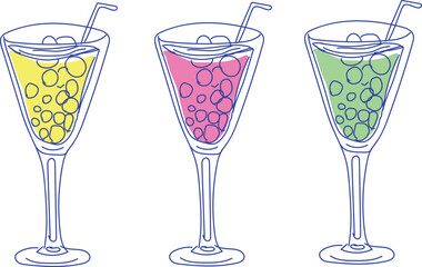 Hand-drawn cocktail party clipart set, trendy outline illustrations of summer drinks, glasses, fruit and party elements in doodle style, vector illustration isolated on white background, summer drink
