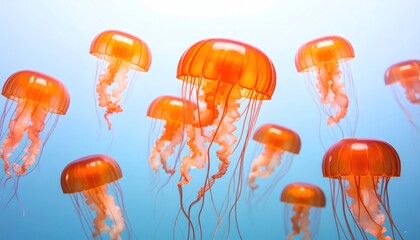 Group Of Orange Jellyfish Swimming Against A Blue Water Background