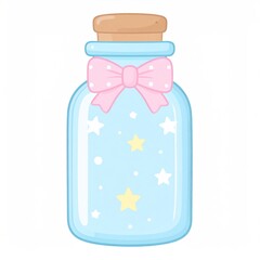 Pastel Blue Bottle with Pink Bow and Yellow Stars on White Background