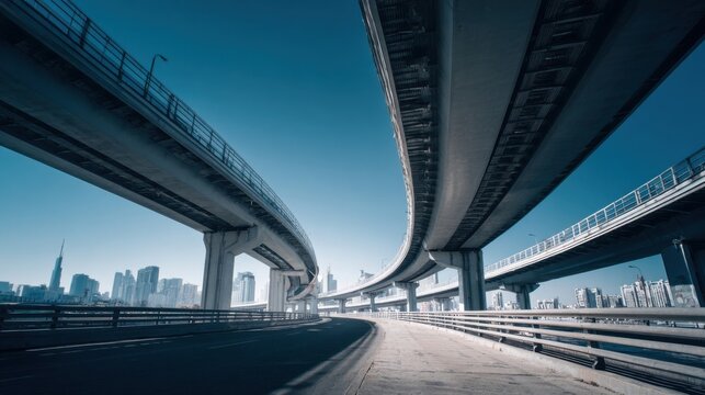 Dramatic view of urban highway interchange with multiple elevated bridges and city skyline in background.