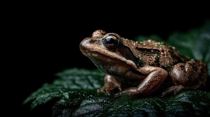 Close-up of a Small Brown Frogs Sitting on Green Leaf in Dark Environment.