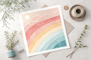 Boho Abstract Landscape Art | Earth Tone Wave Poster with Plants
