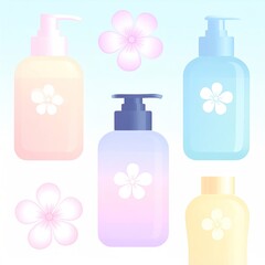 Pastel Colored Bottles with Floral Embellishments on a Soft Blue Gradient Background