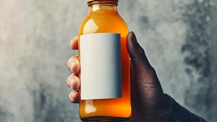 A hand holds a clear amber glass bottle with a blank white label - Powered by Adobe