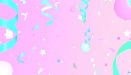 Pastel Pink Celebration Background With Teal Ribbons Confetti and Spheres