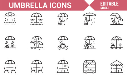 Obraz premium A set of line icons featuring different umbrella scenes, perfect for weather-related and lifestyle content.