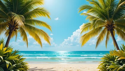 Tropical beach scene framed by palm trees. Sunlight filters through lush palm fronds, casting shadows on a sandy beach.  Clear blue water and fluffy white clouds fill the sky