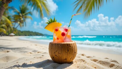 Refreshing tropical drink on a sandy beach