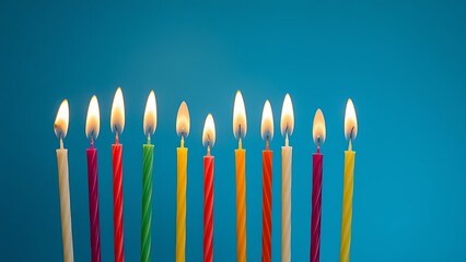 Vibrant candles glowing against a blue backdrop, creating a festive and celebratory atmosphere.