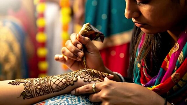 Applying Henna Tattoo by Young Woman at Traditional Celebration