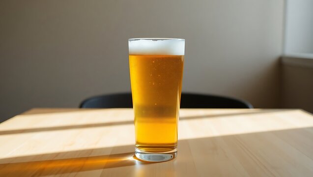 A pint of beer with white foam sitting on a wooden table in the sunlight indoors in a bright setting | national  - Powered by Adobe