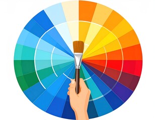 Hand Holding Paintbrush Over Multicolored Color Wheel Against White Background