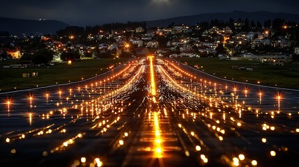 Obraz premium Runway lights illuminate a night cityscape.