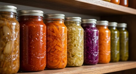Colorful Preserved Vegetables in Jars on Wooden Shelf Showcasing Food Storage and Pickling
