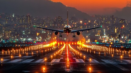 Airplane landing at night over a city.
