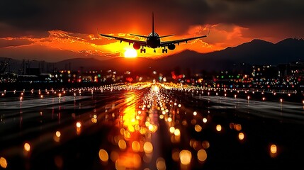 Silhouette of airplane landing at sunset over city lights.