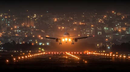 Airplane landing at night over a city.