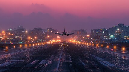 Airplane landing at dusk over a city.