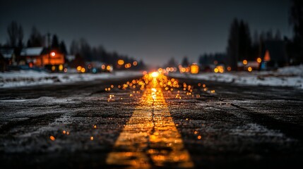 A winter road at dusk, illuminated by city lights.