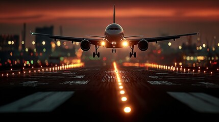 Airplane landing at dusk on a city runway.