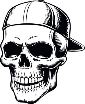 Skull with Backwards Cap, Hip Hop Skull Illustration