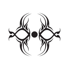 Abstract tribal symbol, black symmetrical swirl tattoo design with a central circle, isolated vector logo element.